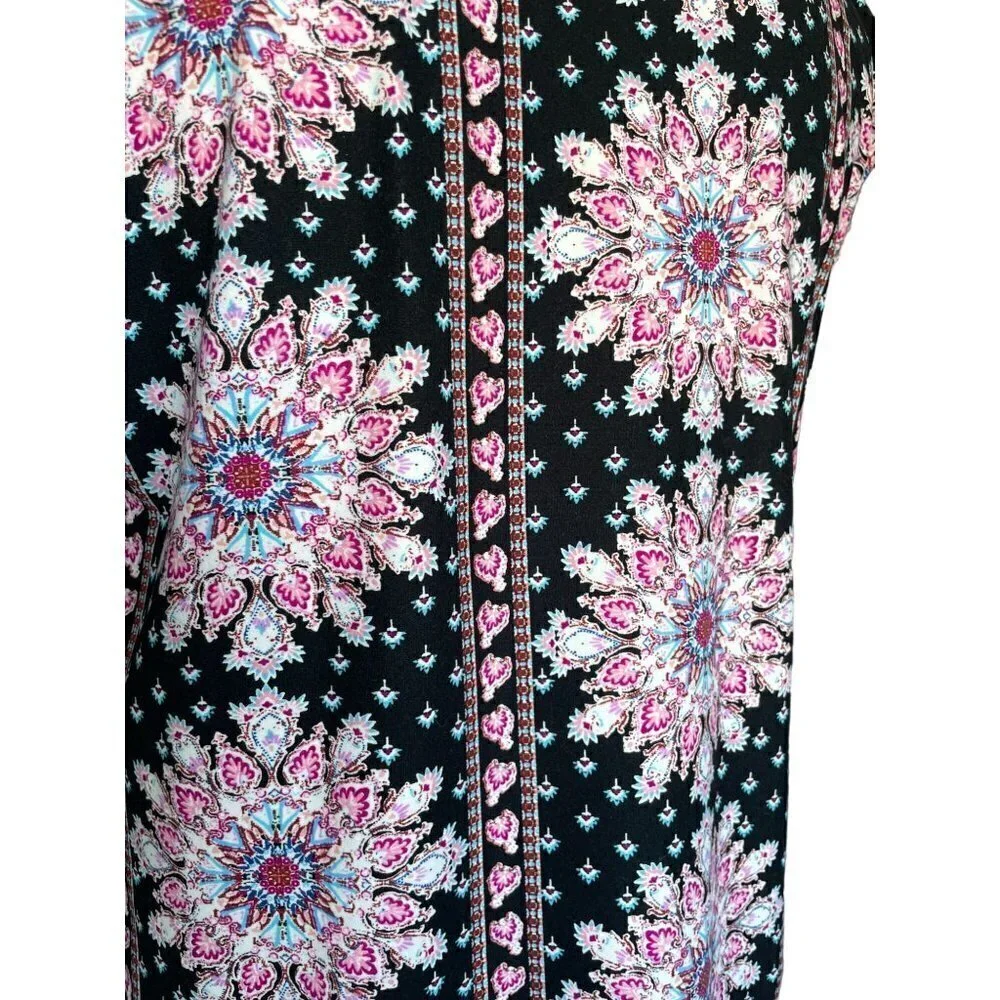 Pink Rose Dress Women's Size Large Short Sleeve Stretchy Black Pink Teal